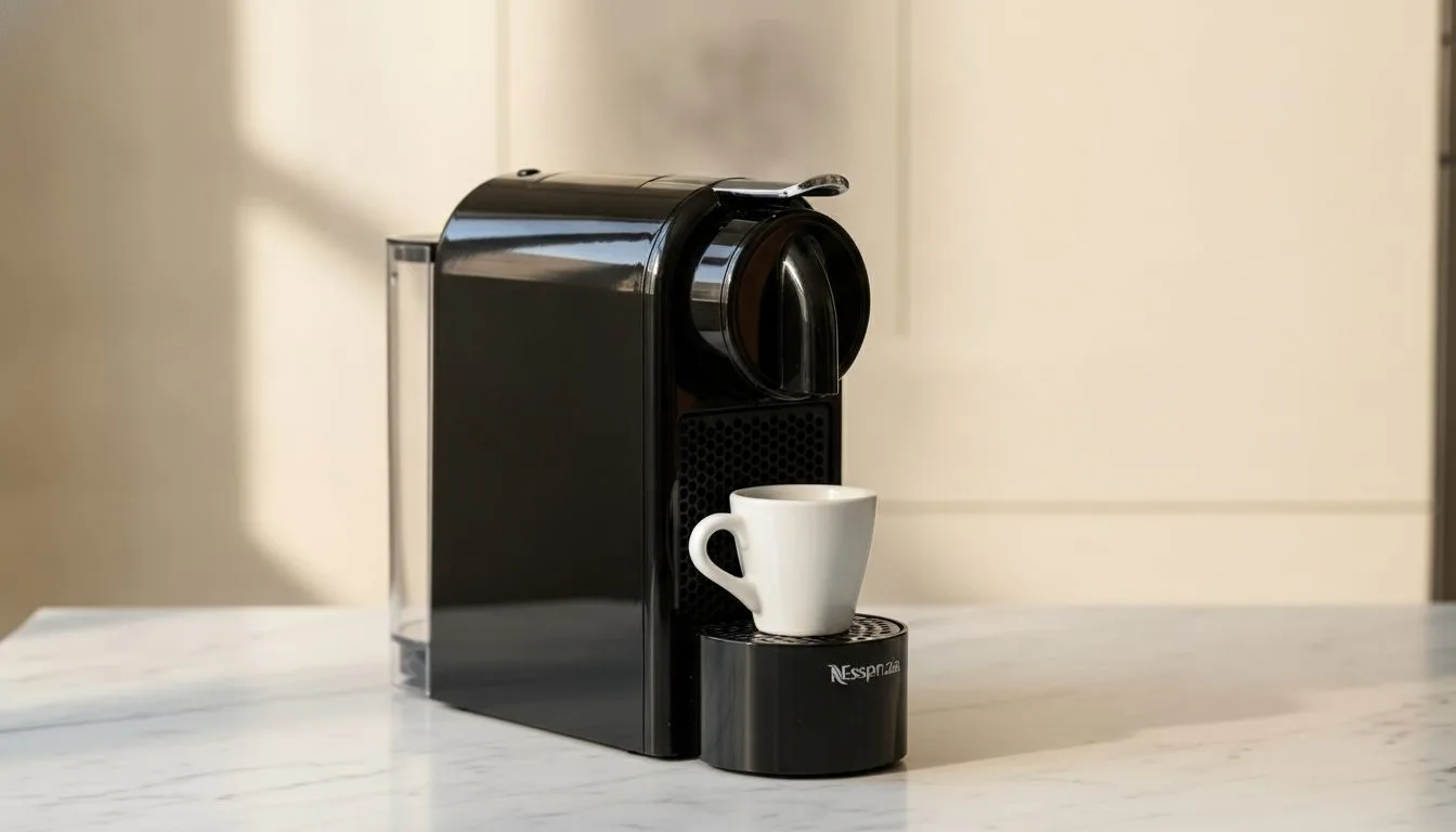 Nespresso Essenza Mini coffee machine in Piano Black on a white kitchen counter with a cup of espresso