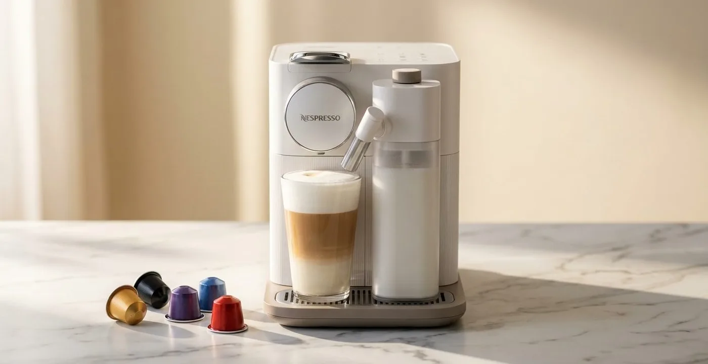 Nespresso Gran Lattissima coffee machine in white on kitchen counter