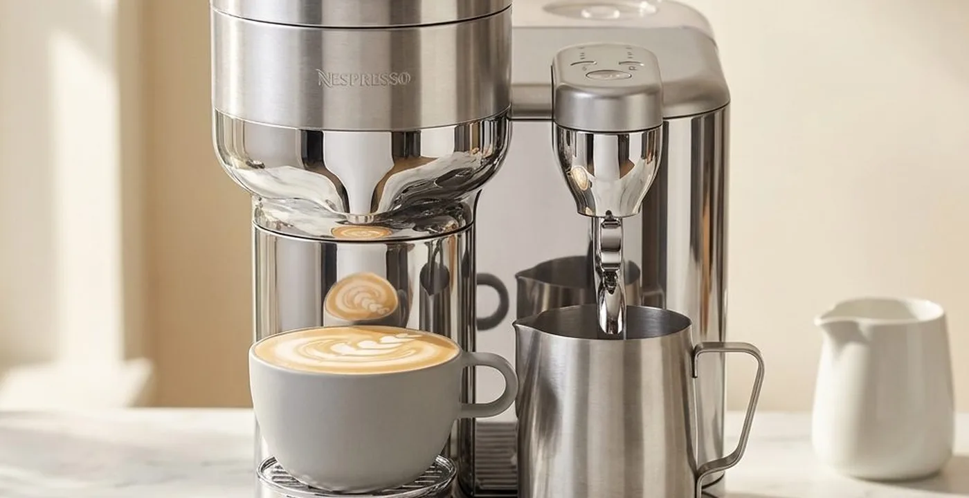 Nespresso Vertuo Creatista in brushed steel with a latte art cup and a steel milk jug on a marble counter