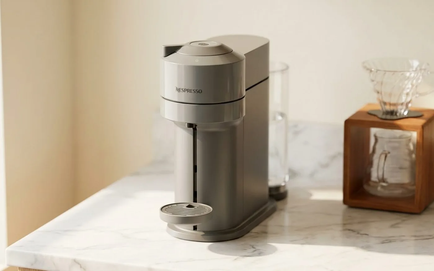Nespresso Vertuo Plus coffee pod machine in grey on a white marble countertop with V60 pour-over in background