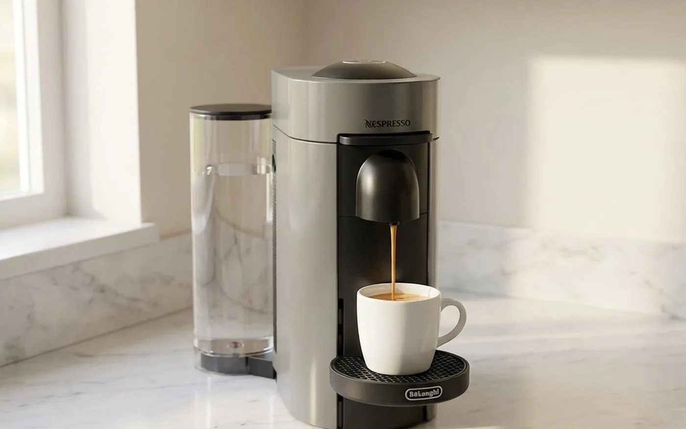 Nespresso Vertuo Plus machine set up in a kitchen corner with detachable water tank beside it