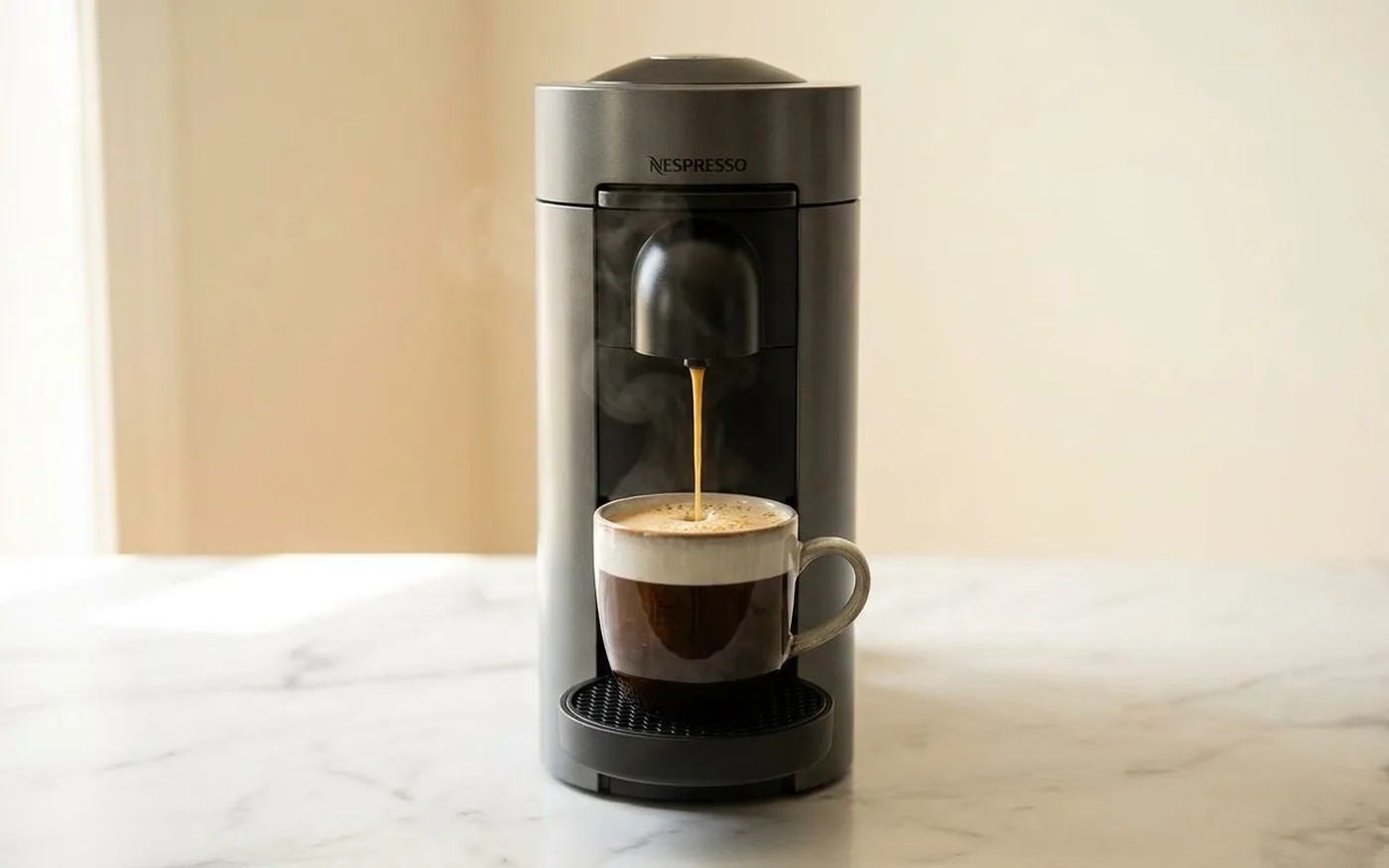 Nespresso Vertuo Plus brewing dark espresso coffee into a ceramic mug on a white marble countertop
