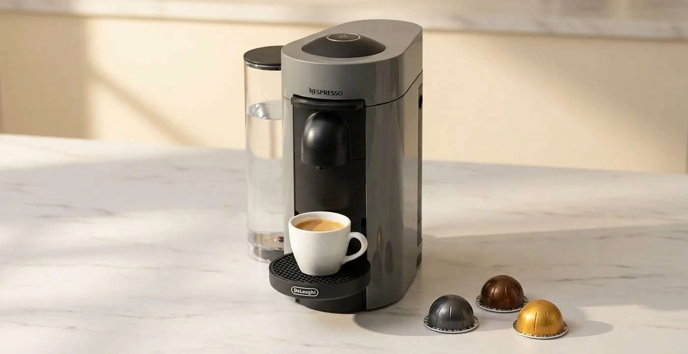 Nespresso Vertuo Plus coffee machine on a kitchen counter