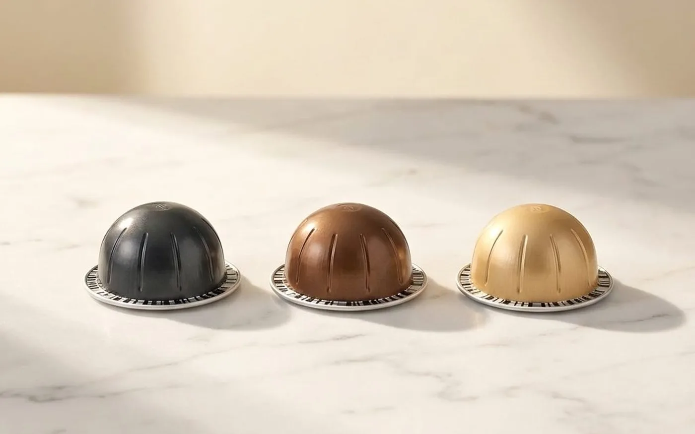Three dome-shaped Nespresso Vertuo capsules in charcoal, brown and gold showing the barcode ring technology