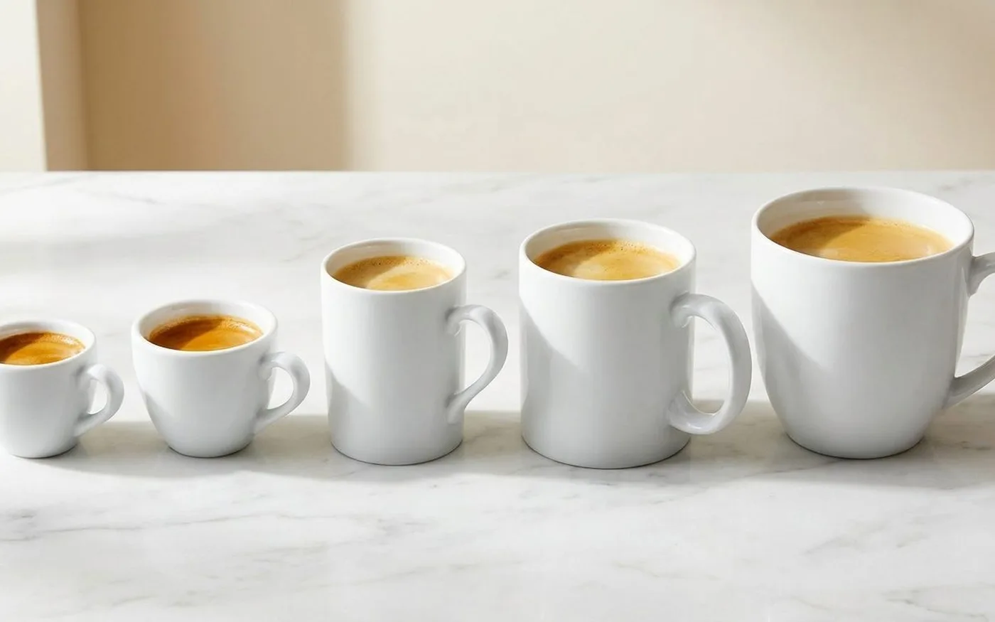 Five ceramic cups in ascending size from tiny espresso to large mug showing all Vertuo pod format sizes