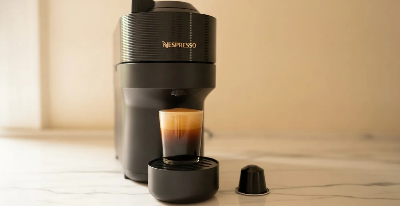 Nespresso Vertuo Pop coffee machine on a kitchen counter