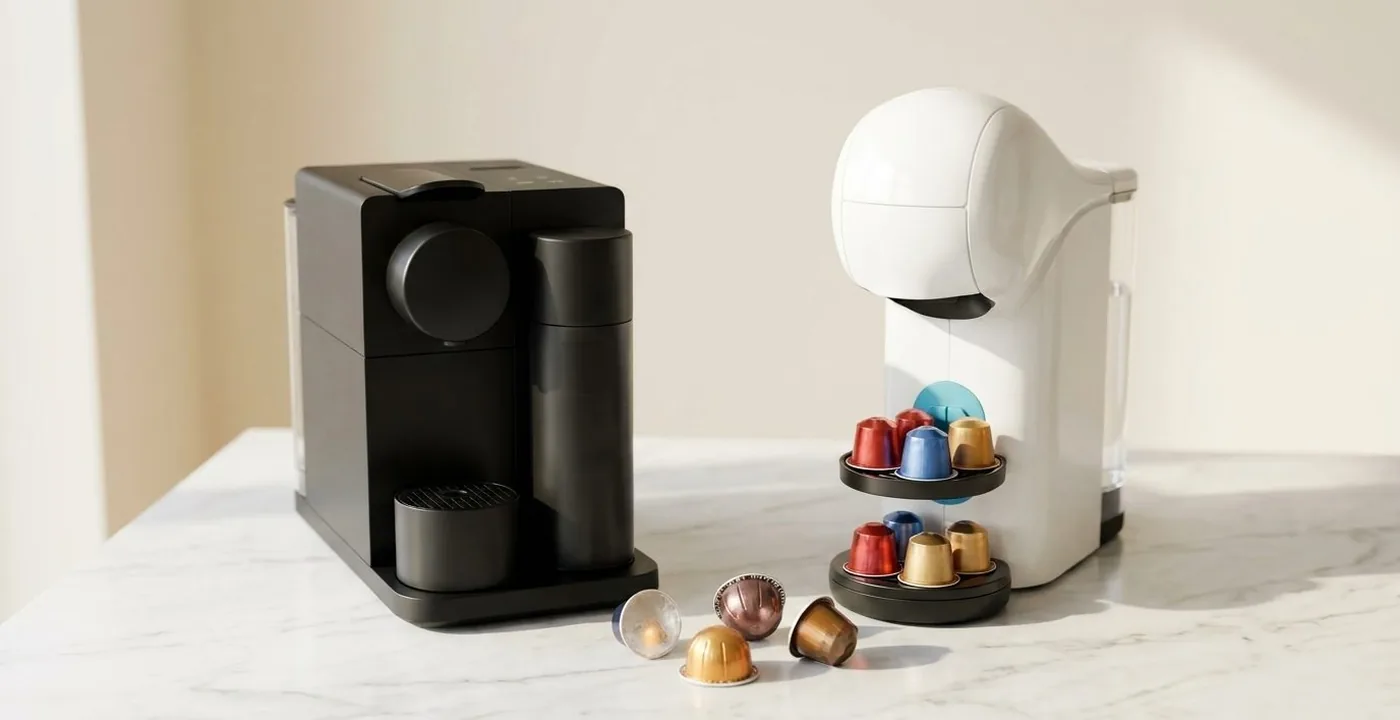 Nespresso and Dolce Gusto pod machines side by side on a marble countertop for comparison