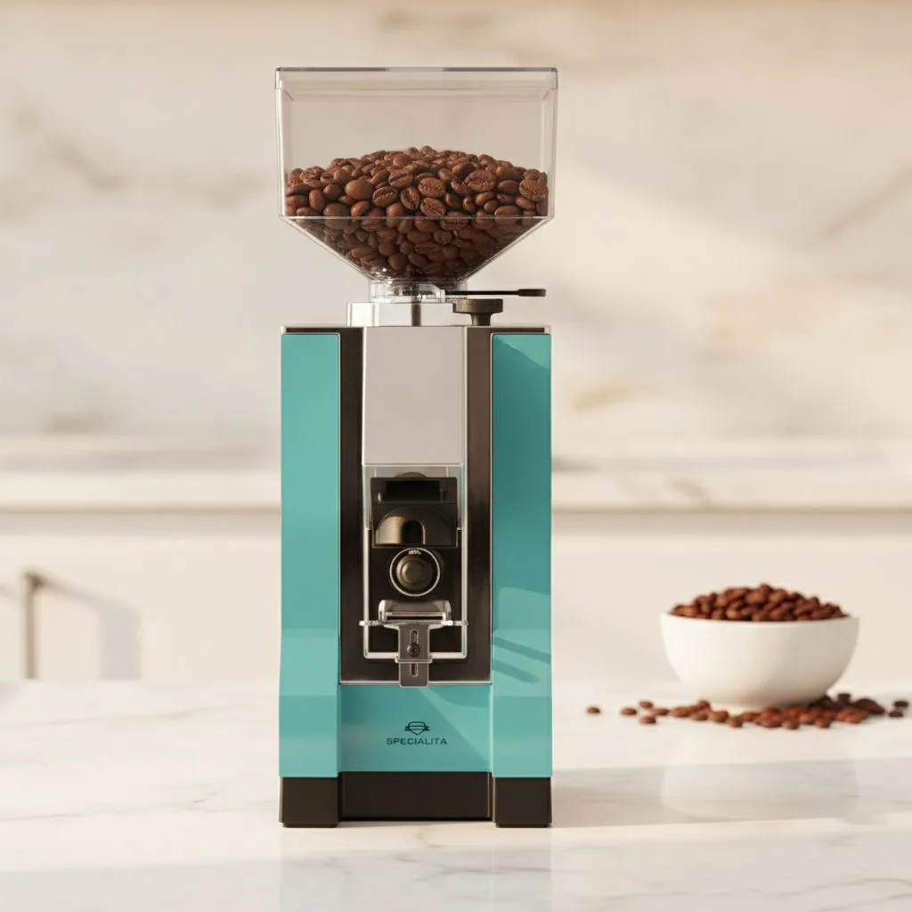Eureka Mignon Specialita coffee grinder in tiffany blue on white marble countertop