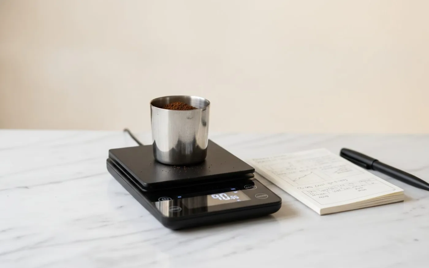 Coffee scale with dosing cup of ground espresso and test notes - Niche Zero vs Eureka Mignon retention test methodology