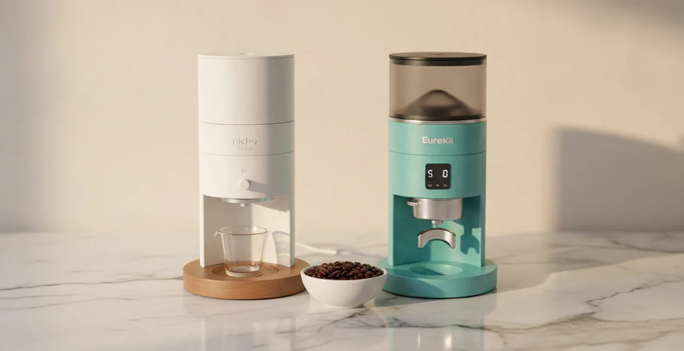 Niche Zero and Eureka Mignon Specialita grinders side by side on a coffee bar counter