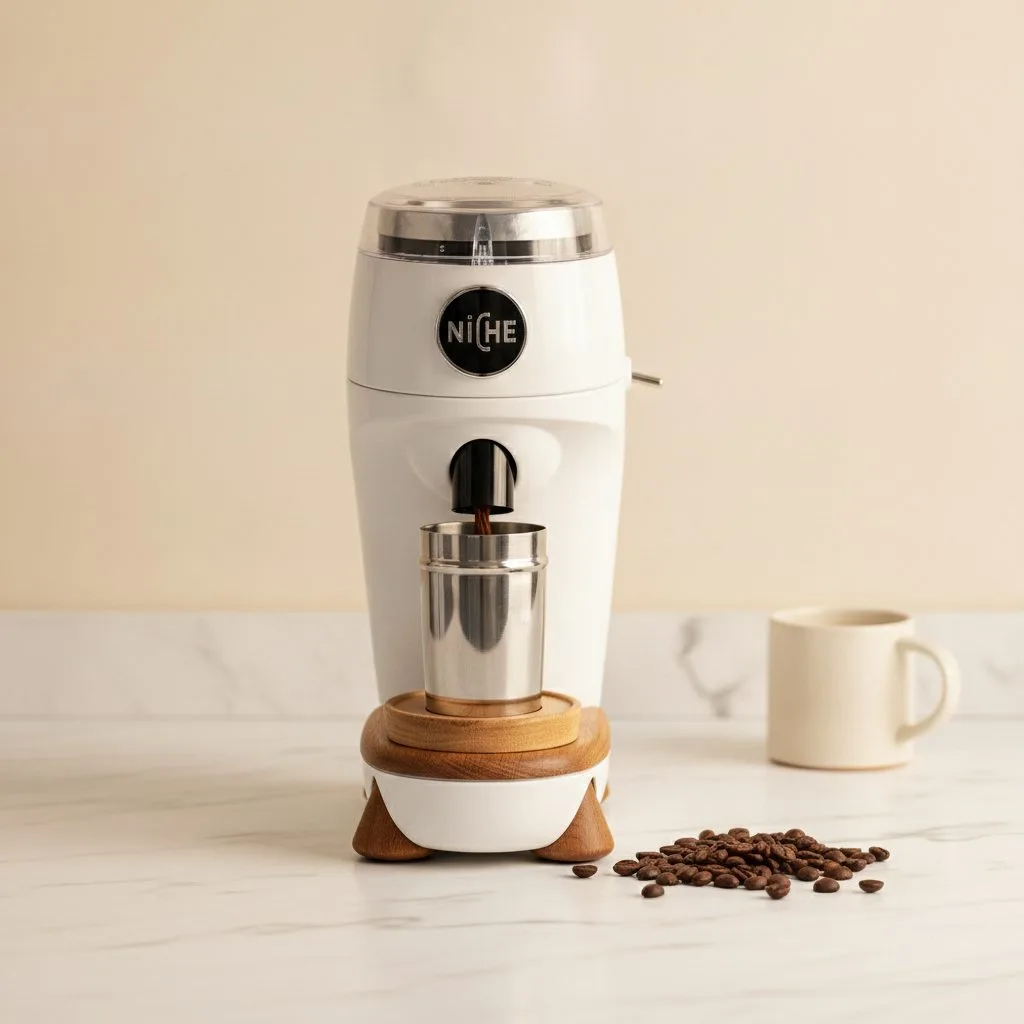 Coffee grinder operating with decibel meter showing noise level measurement test