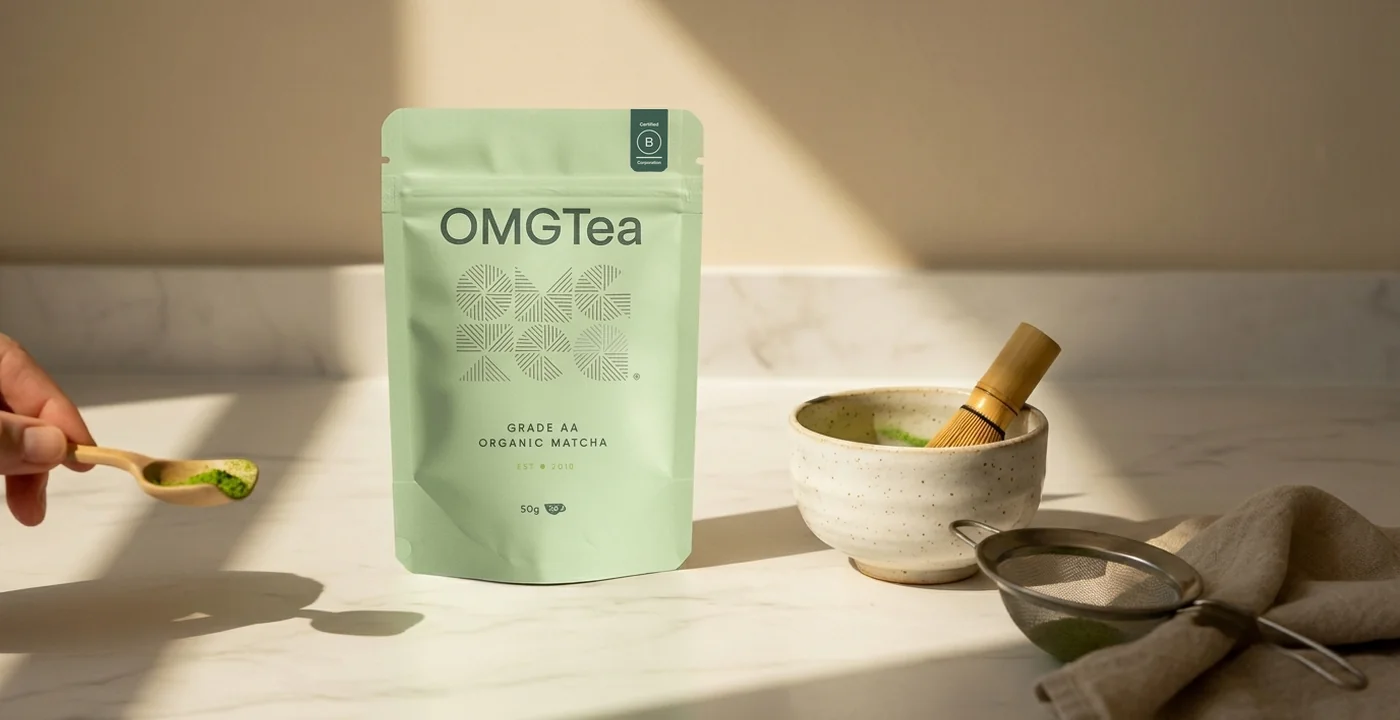 OMGTea AAA matcha powder in a white ceramic bowl showing vibrant emerald green colour