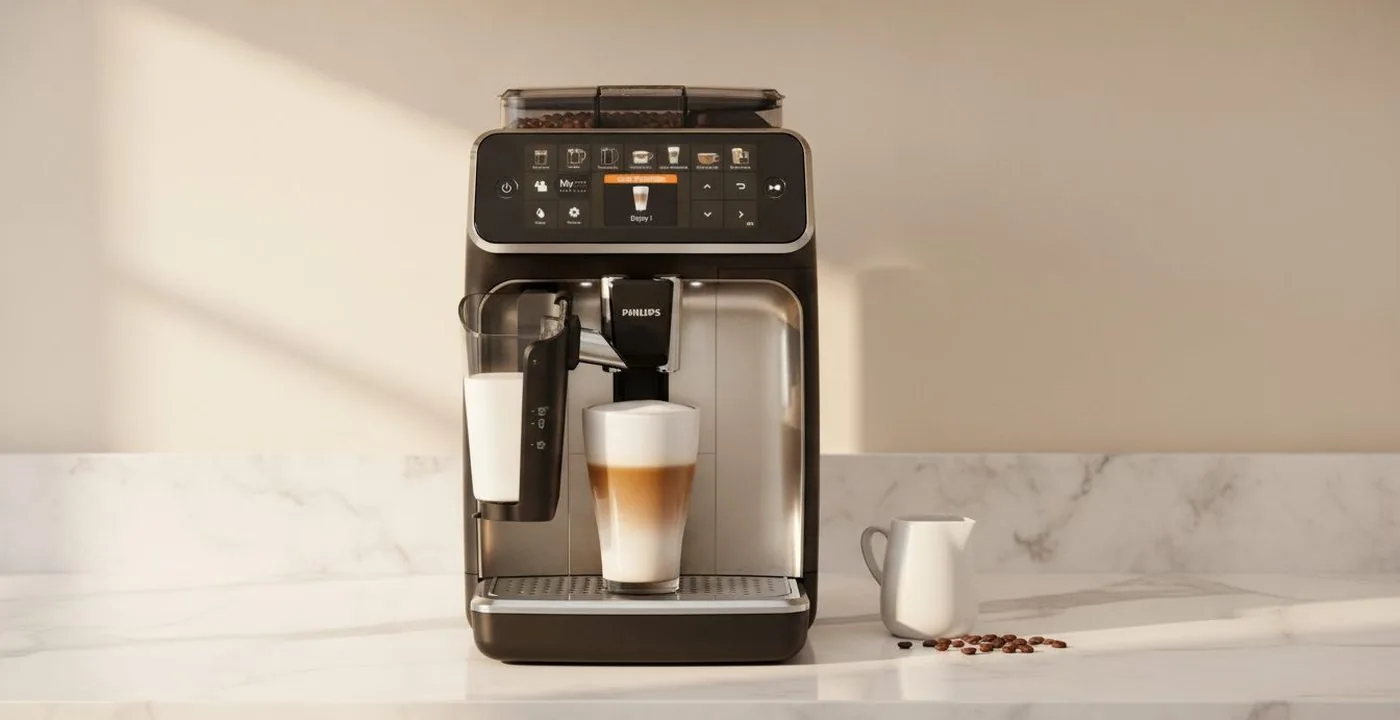 Philips 5400 LatteGo EP5447/90 bean-to-cup coffee machine in matte black on a kitchen counter