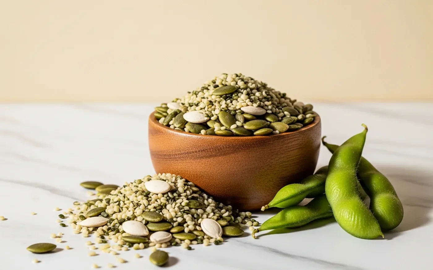 Hemp seeds and pumpkin seeds as a high-protein healthy plant-based snack option