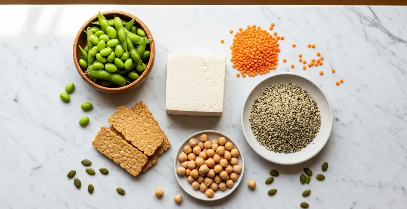 A spread of high-protein plant foods including tempeh, edamame, lentils, chickpeas and hemp seeds on a clean surface