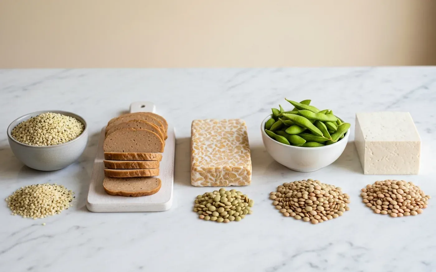 Comparison of high-protein plant foods including lentils, chickpeas, edamame, tofu, tempeh, and seeds