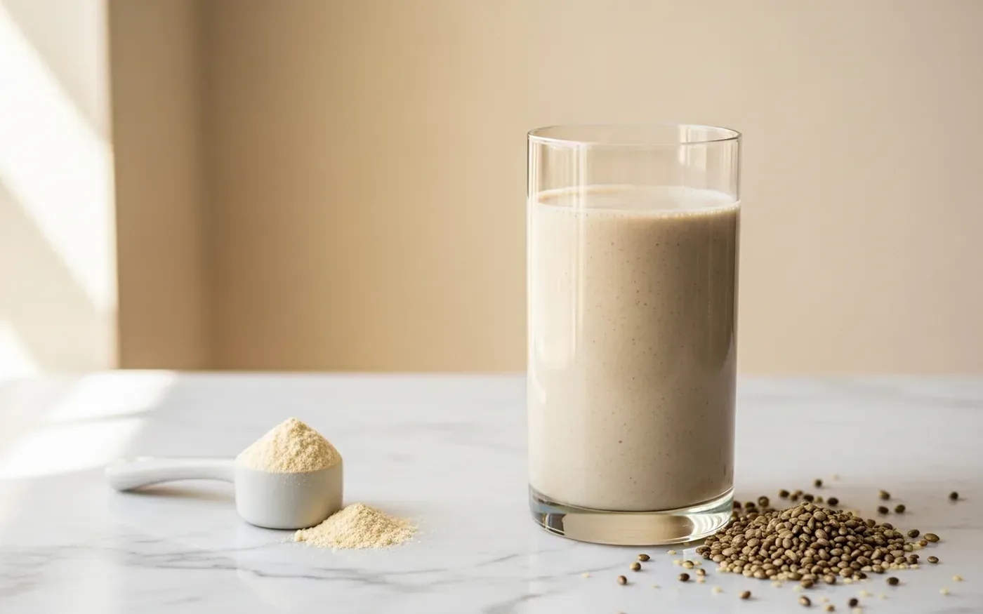 Plant-based protein powder being mixed into a shake using a blender for smooth texture