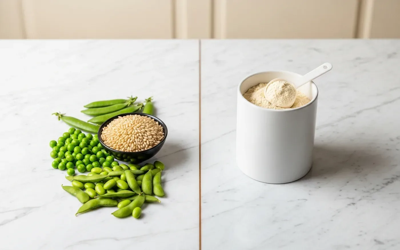 Side-by-side comparison of plant protein and whey protein showing amino acid profiles