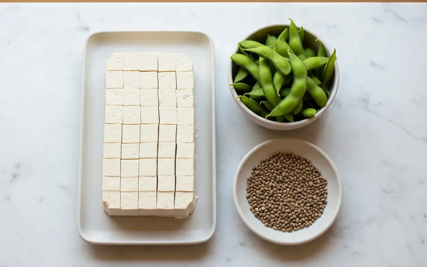 Tofu and edamame served together as a high-protein plant-based meal combination
