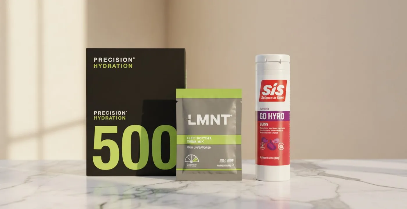 Precision Hydration electrolyte tablets and packaging on a running surface