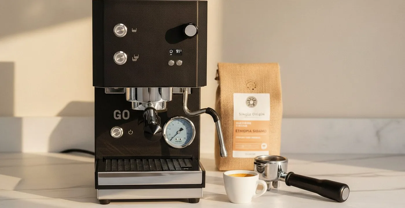 Profitec Go espresso machine on a kitchen counter