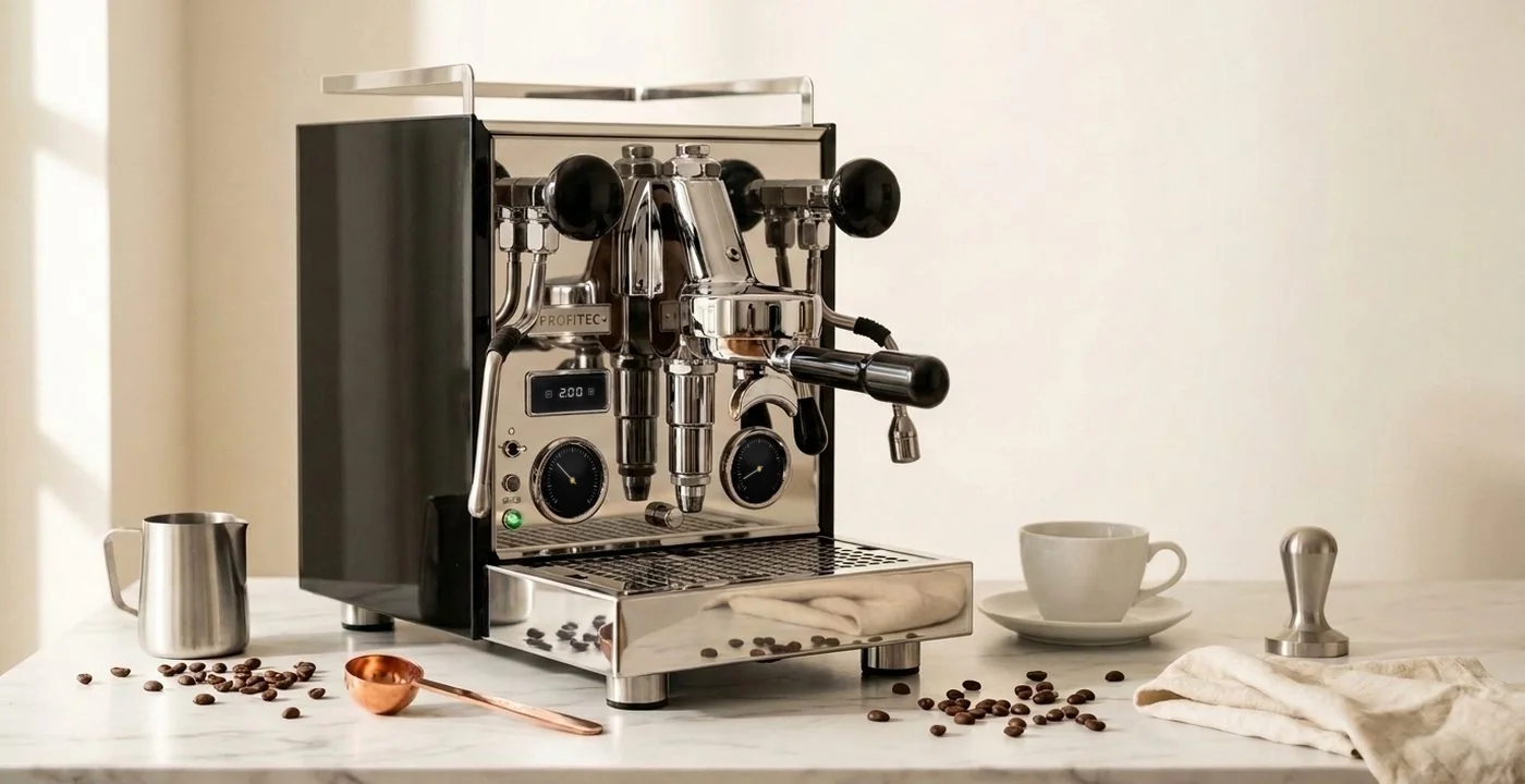 Profitec Pro 600 espresso machine on a kitchen counter - front view showing dual pressure gauges and joystick steam valve
