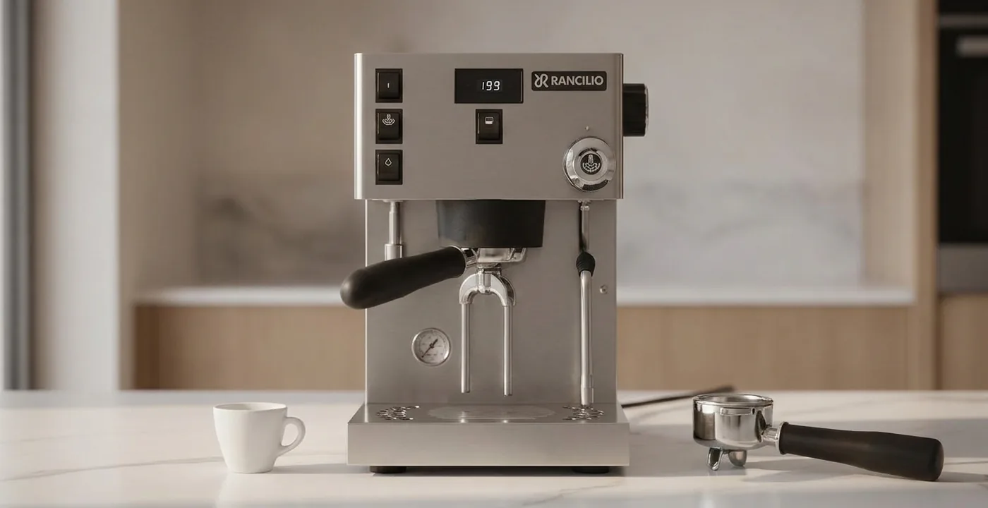 Rancilio Silvia Pro X espresso machine on a kitchen counter with portafilter and espresso cup