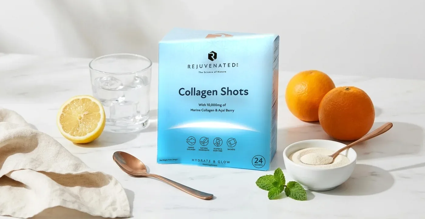 Rejuvenated Collagen Shots powder tub with spoon, reviewed by Balance Journal nutritionist