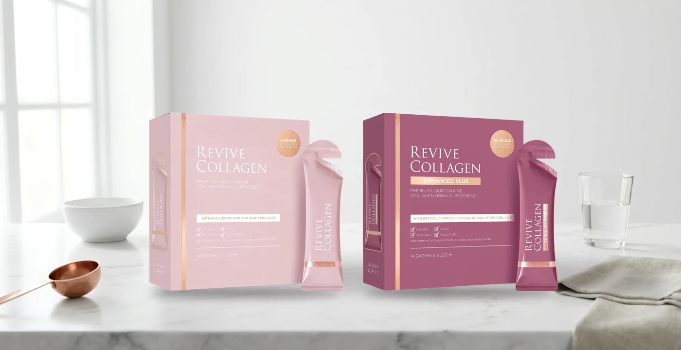 Revive Collagen Enhanced Plus and Original sachets on a light surface