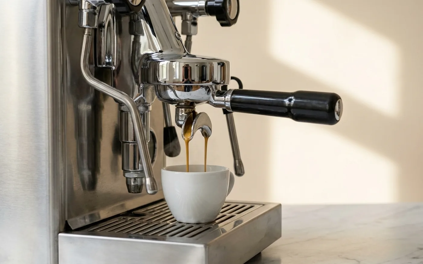 Espresso extracting from the Rocket Appartamento's chrome E61 group head into a white cup