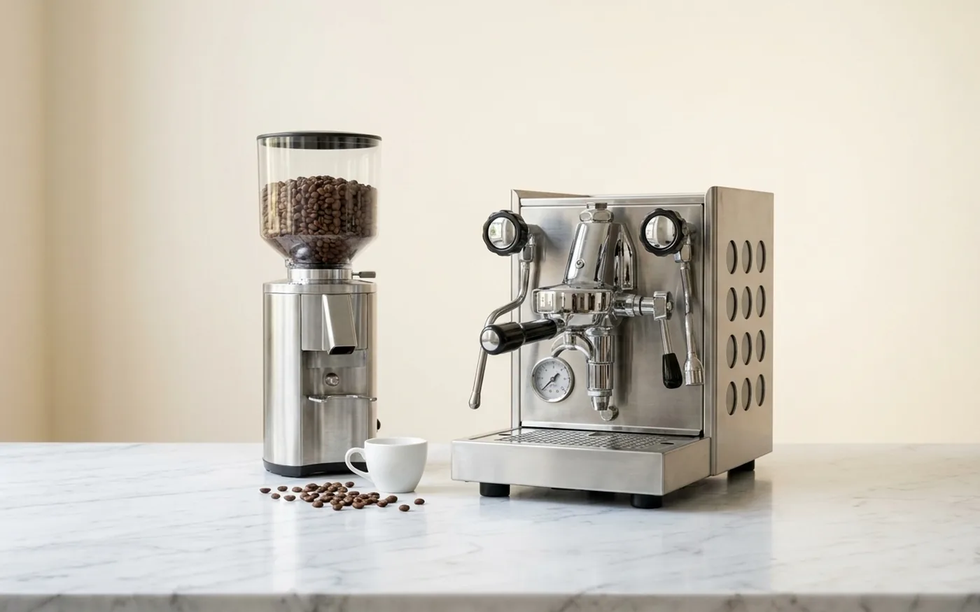 The Rocket Appartamento espresso machine beside a separate burr grinder on a kitchen counter