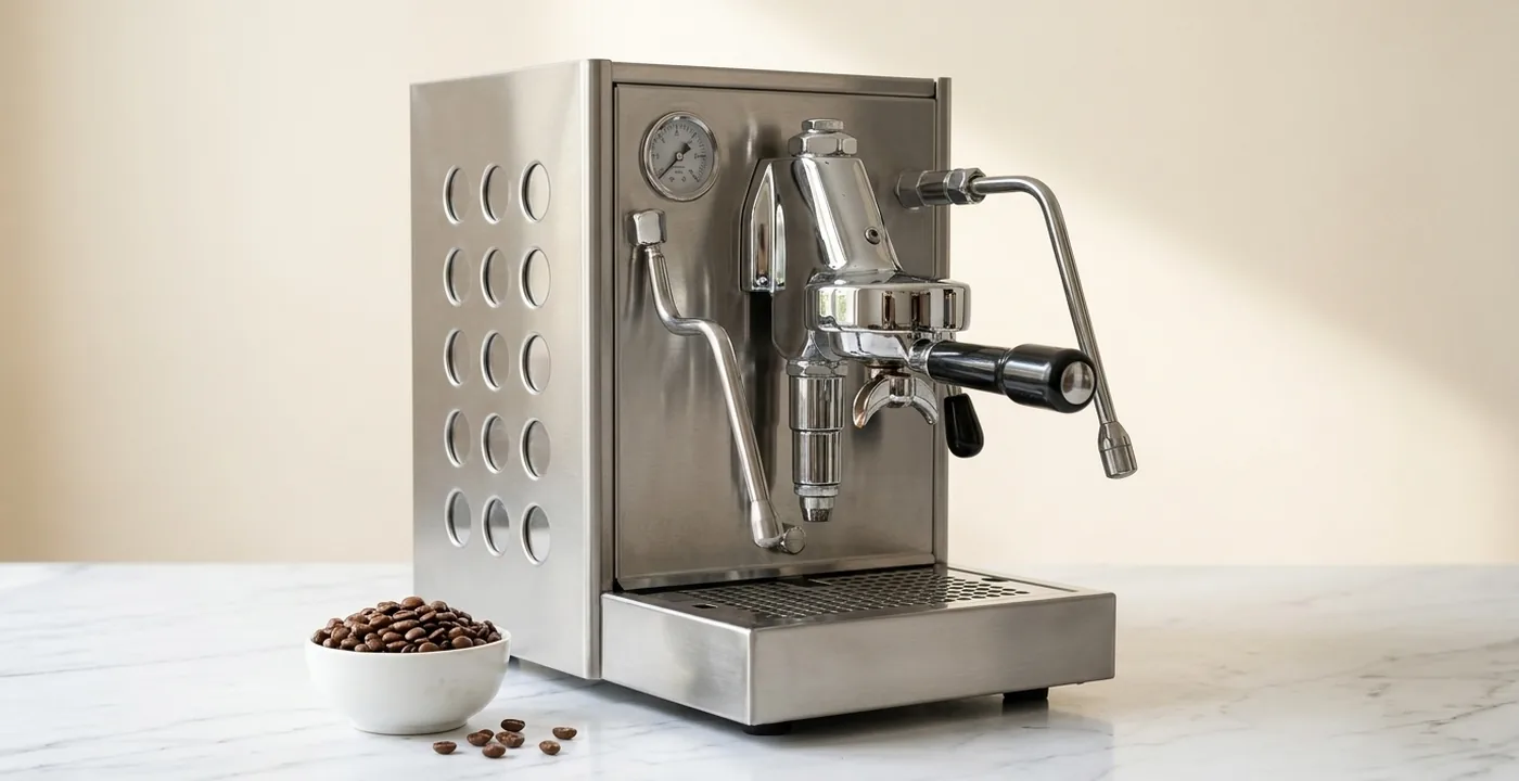 Rocket Espresso Appartamento espresso machine, brushed stainless steel chassis with E61 group head and circular side-panel cutouts