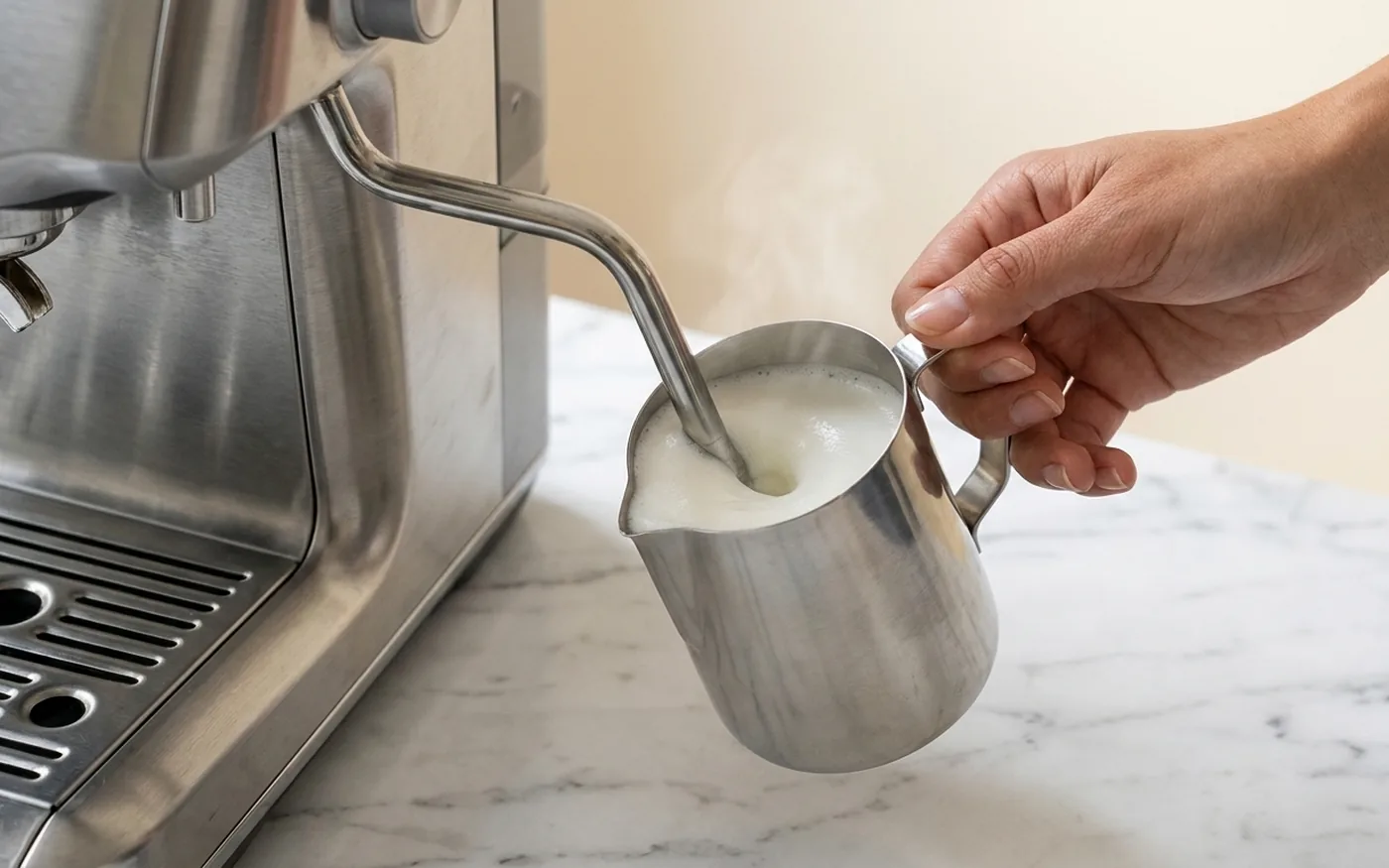 The Rocket Appartamento's steam wand texturing milk into microfoam in a stainless steel pitcher