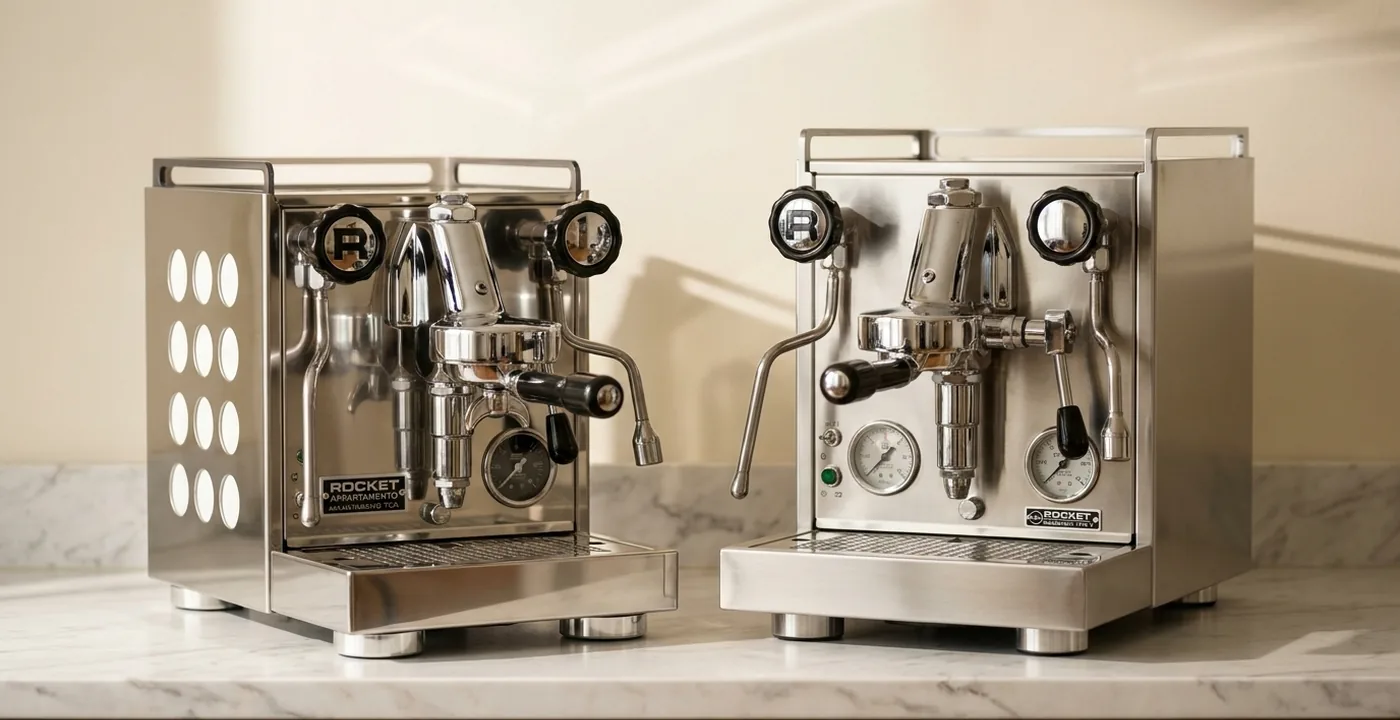 Rocket Appartamento TCA and Mozzafiato Cronometro V espresso machines side by side