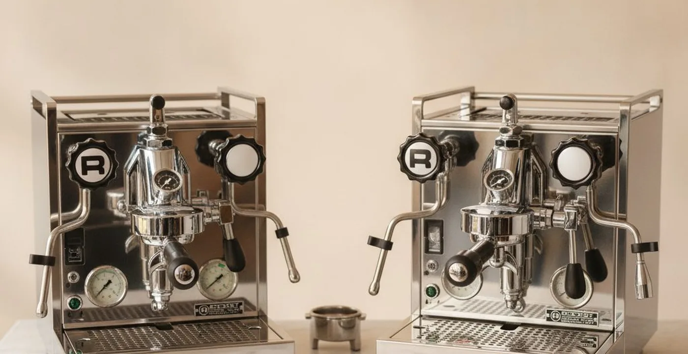 Rocket Mozzafiato Cronometro V espresso machine on a kitchen counter