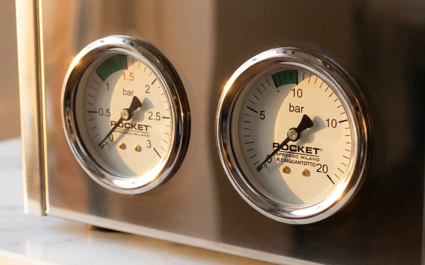 Rocket R58 dual pressure gauges showing brew and boiler bar readings - ROCKET ESPRESSO MILANO R CINQUANTOTTO