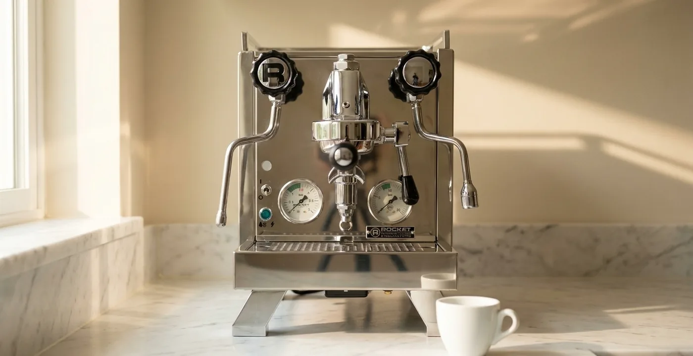 Rocket R58 Cinquantotto espresso machine showing the E61 group head and stainless steel dual boiler build
