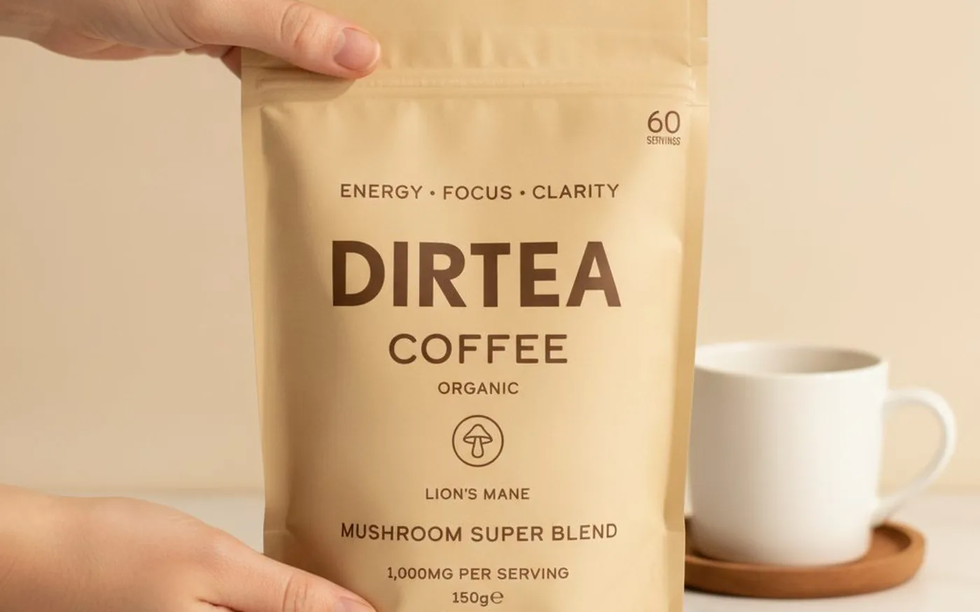 Dirtea Coffee Mushroom Super Blend beige bag on white marble - UK mushroom coffee brand