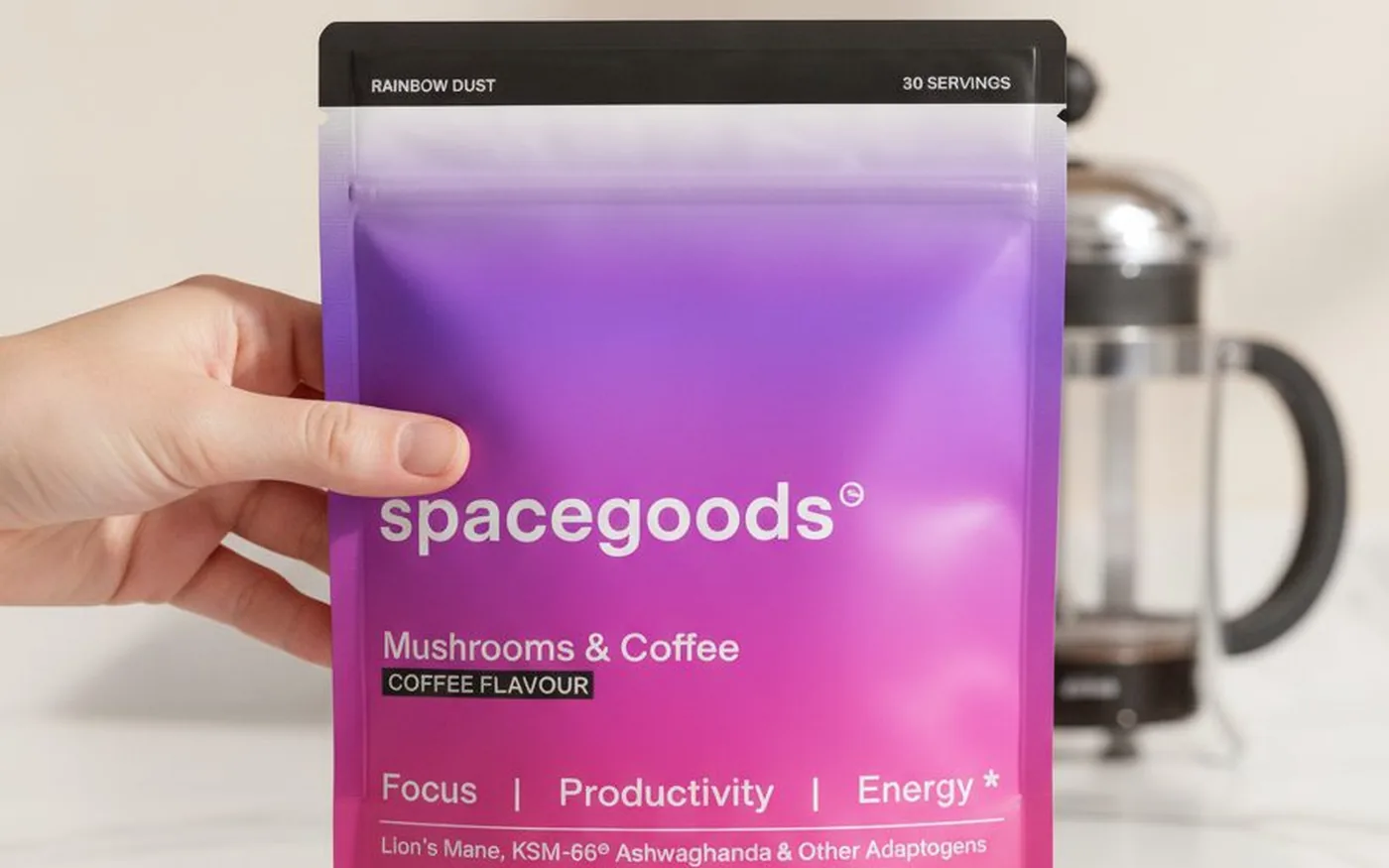 Spacegoods Rainbow Dust mushroom blend on white marble - UK mushroom coffee alternative