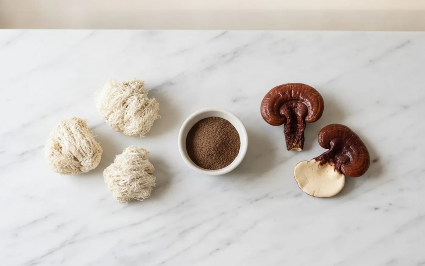 Dried lion's mane and reishi mushrooms displayed with mushroom powder in white ceramic bowl on white marble