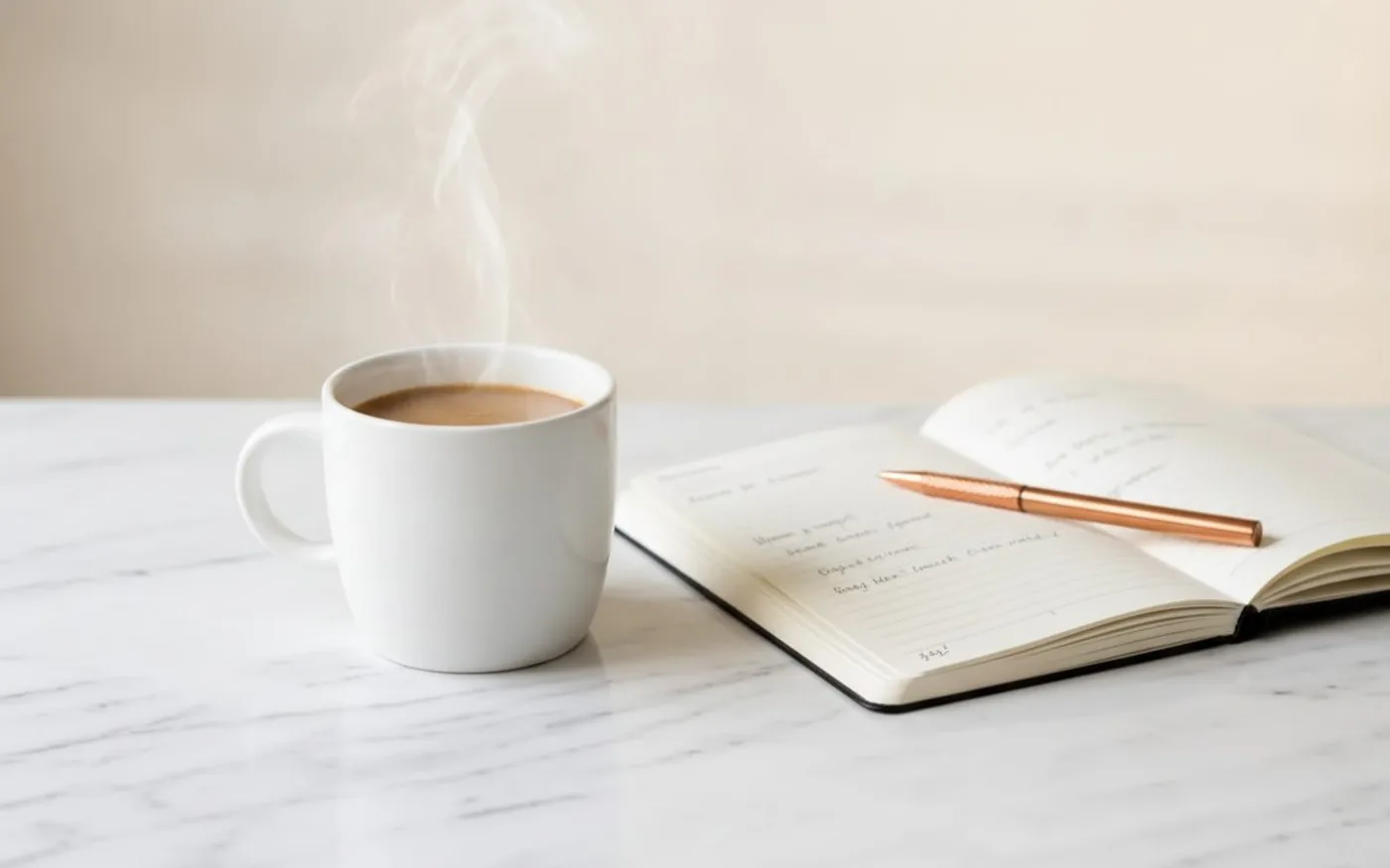 White ceramic mug of mushroom coffee beside open notebook tracking energy and focus scores on white marble