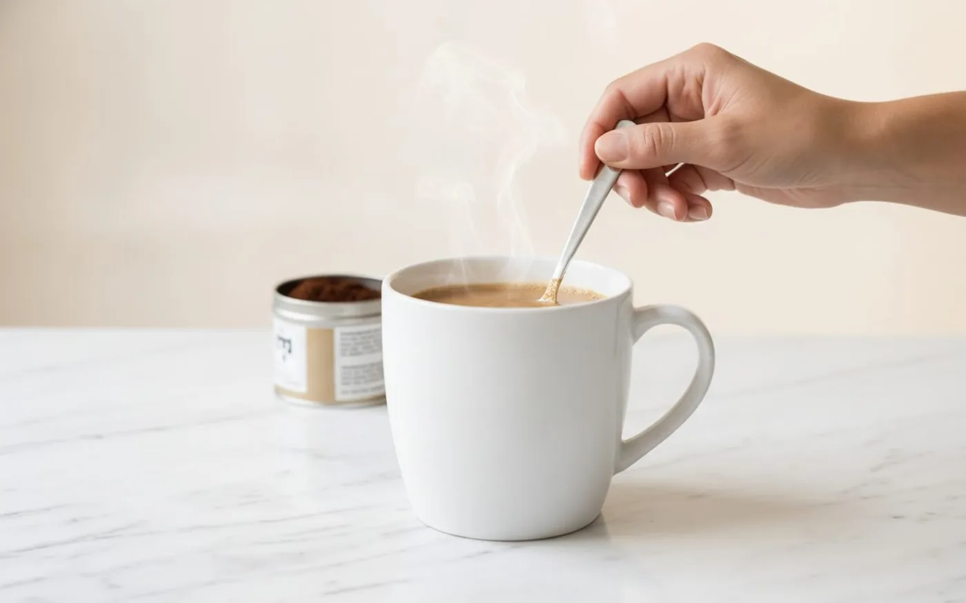 Hand stirring mushroom coffee powder into white mug with silver spoon on white marble