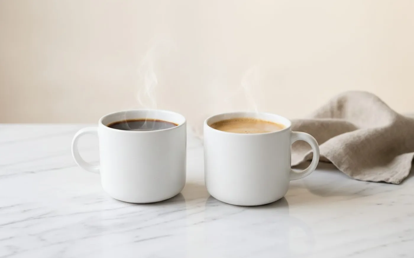 Two mugs comparing dark regular coffee and lighter mushroom coffee on white marble
