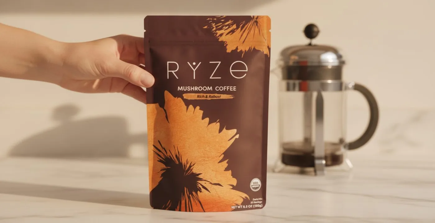 Ryze mushroom coffee tin with six-mushroom blend, tested by Balance Journal for 30 days