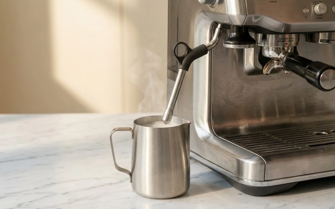 Sage Barista Express steam wand texturing milk in a stainless steel pitcher, fine steam mist rising from the surface on a white marble counter