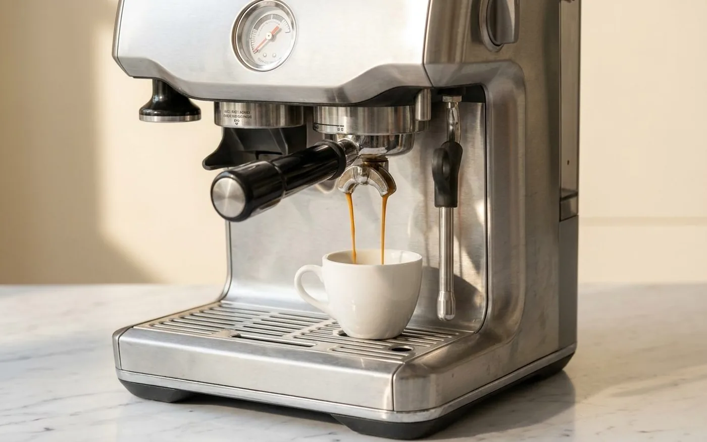 Espresso being extracted on the Sage Barista Express, dark amber stream flowing into a white ceramic cup with the pressure gauge visible on the machine front panel