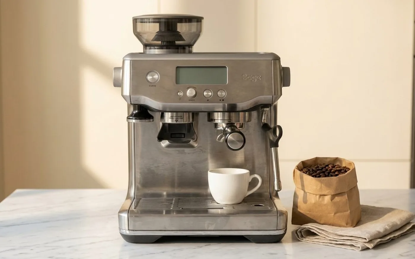 Sage Barista Express in a clean kitchen setup on white marble, with an espresso cup on the drip tray, kraft coffee bean bag, and linen cloth arranged beside the machine