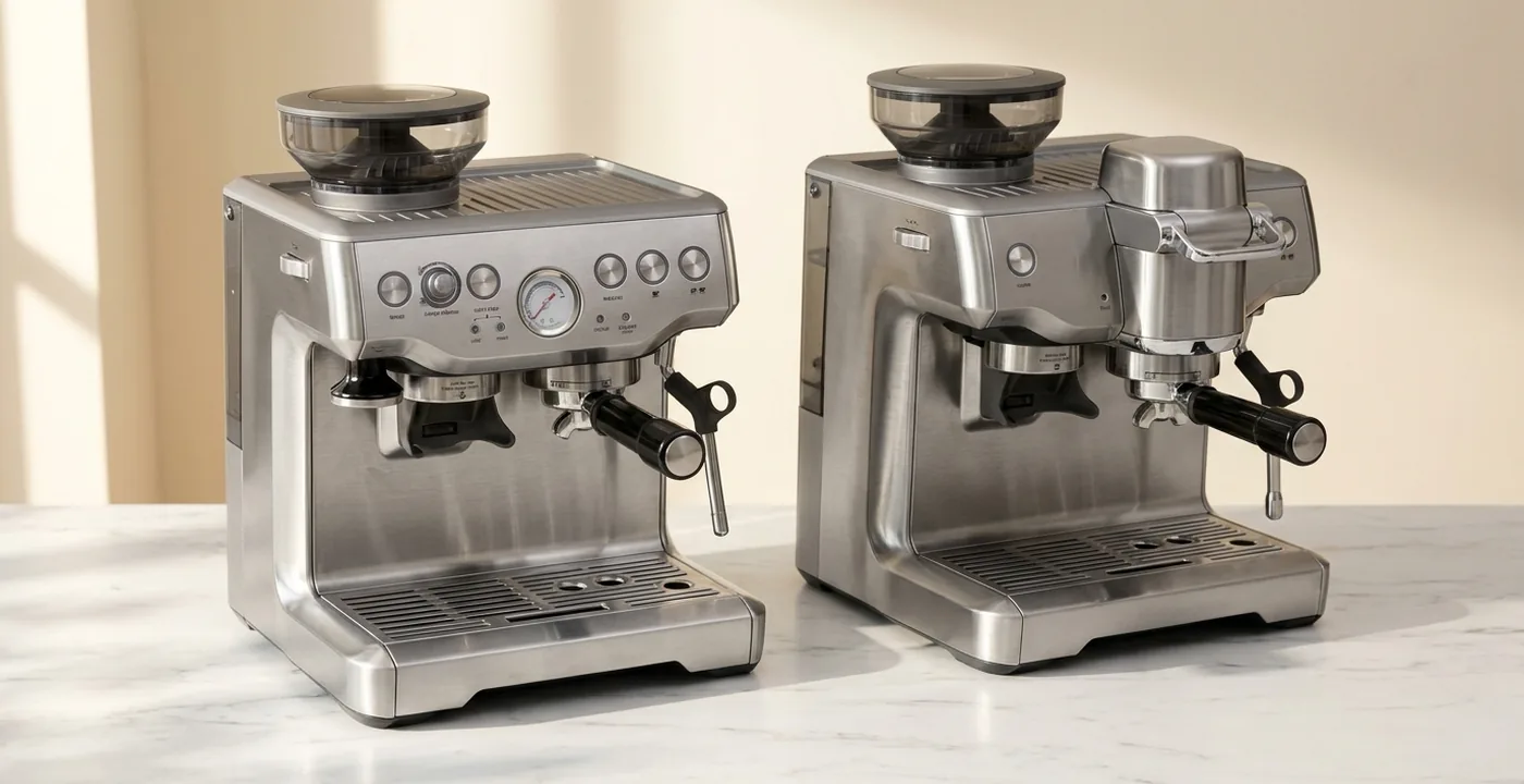 Sage Barista Express and Barista Express Impress side by side on kitchen counter