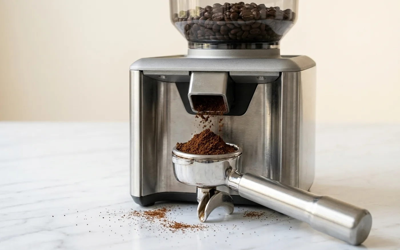 Integrated grinder dosing coffee grounds into a stainless steel portafilter with whole beans visible in the hopper