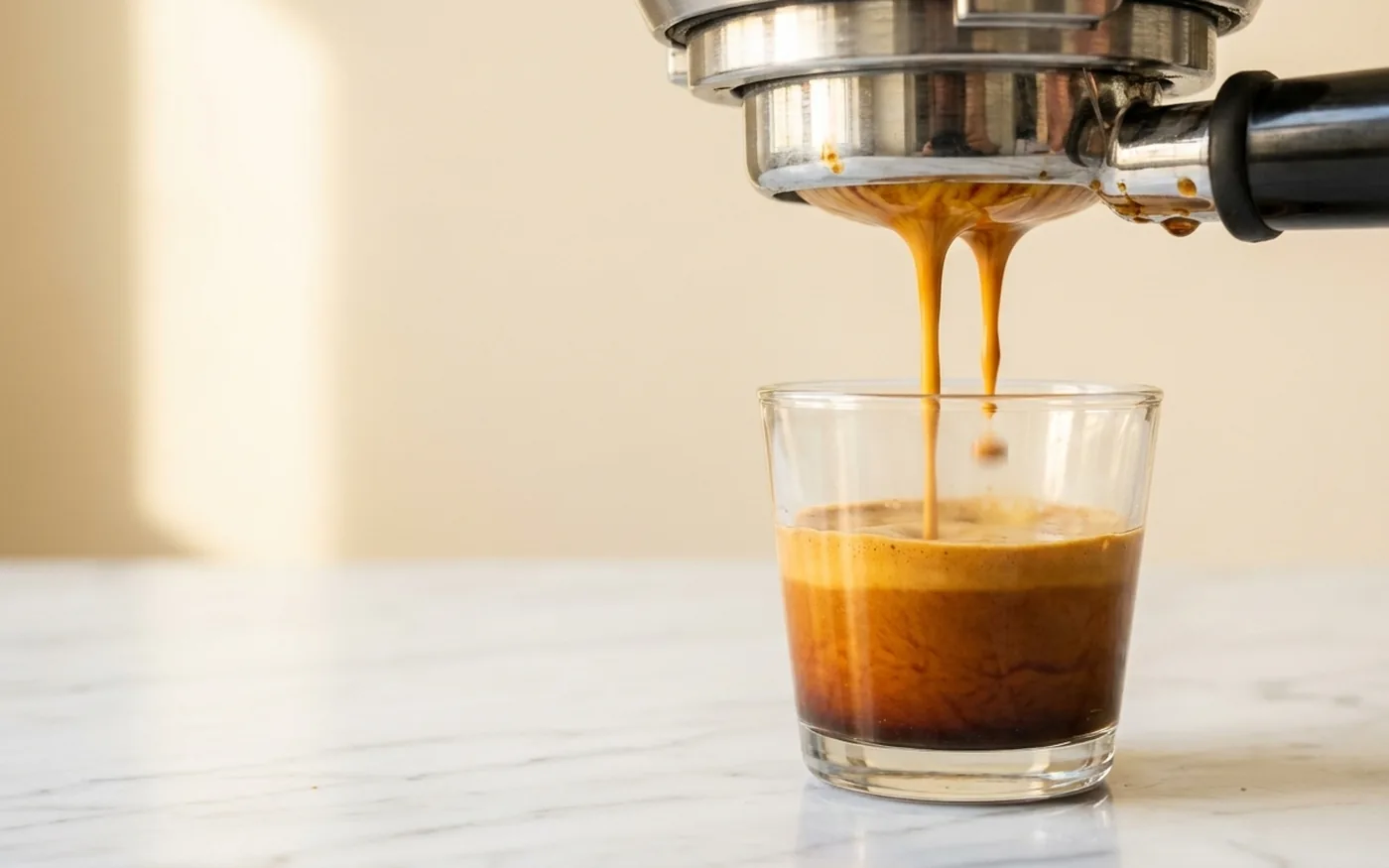 Espresso extraction from a naked portafilter into a clear glass showing crema and amber espresso colour